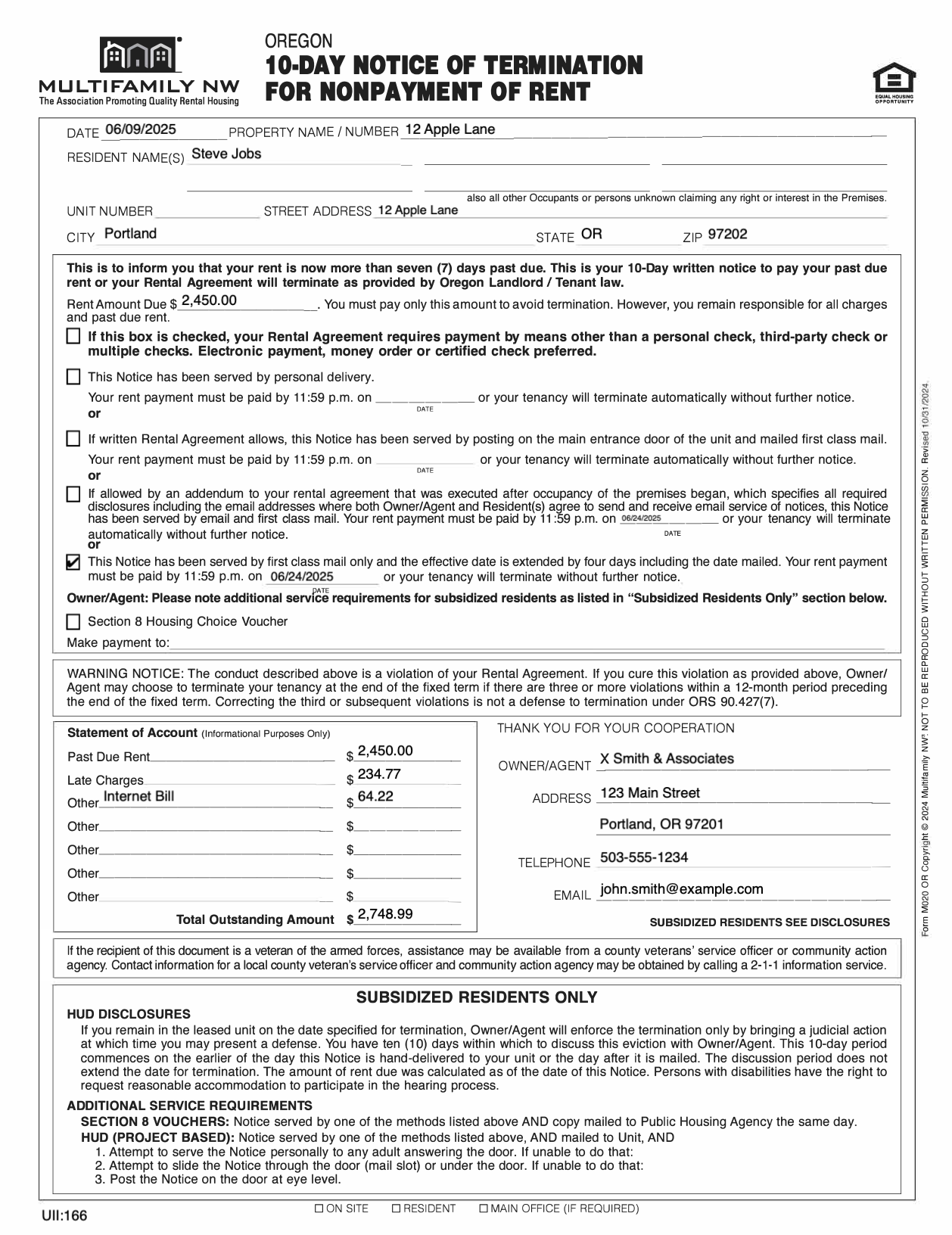Oregon 10-Day Notice of Termination for Nonpayment of Rent sample